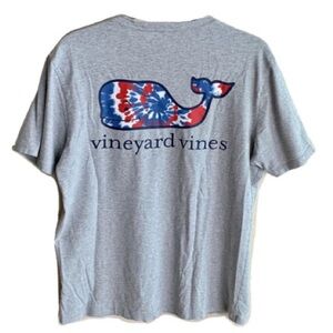 Vineyard Vines Heathered Grey Red, White, and Blue Tie Dye Whale Shirt (S)
